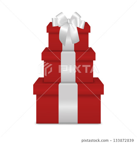 Red Gift Box Tower with White Ribbon. Stack of Red Present Boxes, Realistic 3D Gift Set for Christmas, Holiday, Birthday and Premium Packaging Design Template Red Gift Box Tower with White Ribbon. Stack of Red Present Boxes, Realistic 3D Gift Set for Christmas, Holiday, Birthday and Premium Packaging Design Template 133872839