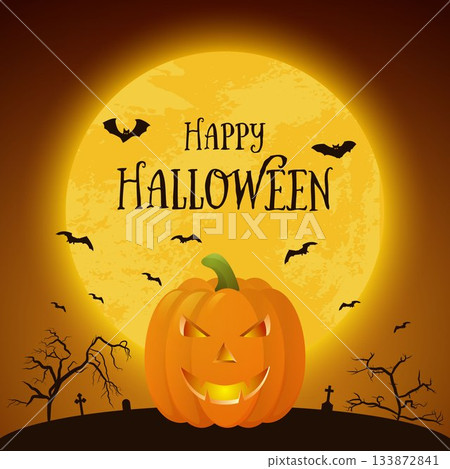 Happy Halloween Night Background. Jack O Lantern Pumpkin, Full Moon and Bats, Spooky Halloween Landscape Vector Illustration for Poster, Greeting Card and Web Banner 133872841