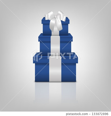 Blue Gift Box Tower with White Ribbon. Stacked Blue Present Boxes, Luxury Gift Box Set for Christmas, New Year, Birthday, Wedding, Father s Day, Corporate and VIP Gifts 133872896