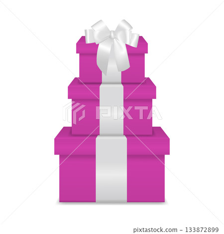 Vector Pink Gift Box Tower with White Ribbon. Stacked Pink Present Boxes. Cute Luxury Gift Box Set for Christmas, New Year, Birthday, Wedding, Bridal Shower, Valentine and Romantic Holiday Gifts 133872899