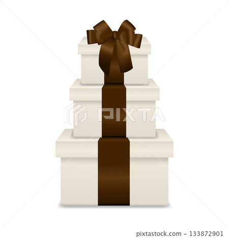 Beige Stacked Gift Boxes with Brown Ribbon. Cream Present Box Tower. Vector Gift Box Set for Wedding, Anniversary, Corporate, Christmas and New Year Gifts 133872901