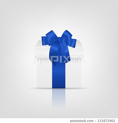 White Gift Box with Blue Ribbon. Single Luxury Present Box. Classic White Gift Box with Blue Bow for Christmas, New Year, Birthday, Wedding, Father s Day, Corporate Gift and Holiday Surprise 133872902