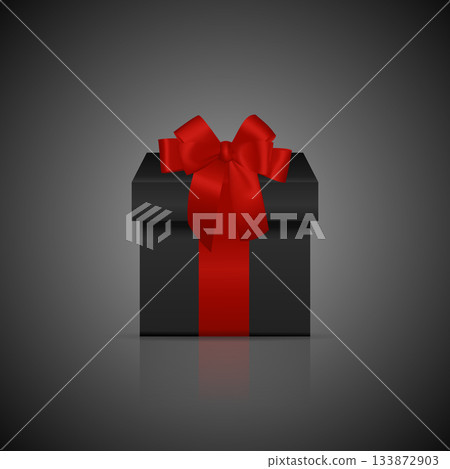 Black Gift Box With Red Ribbon. Luxury Black Present Box. Elegant Dark Gift Box with Red Bow for Christmas, New Year, Birthday, Valentine, Sale Promotion, Corporate and VIP Gifts 133872903