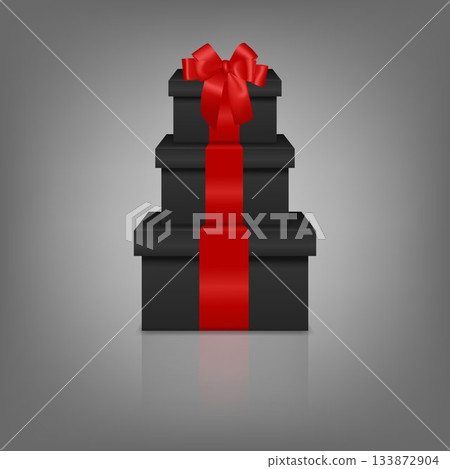 Stacked Black Gift Boxes with Red Ribbon. Luxury Black Present Box Tower,. Premium Gift Box Set for Christmas, New Year, Valentine, Birthday and Corporate Gifts. Vector Illustration 133872904