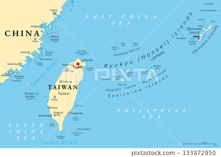Taiwan, and Okinawa Prefecture of Japan, political map. Taiwan, or the Republic of China, ROC, a country in East Asia. The Okinawa Islands and Sakishima Islands are part of the Ryukyu Islands. Vector Taiwan, and Okinawa Prefecture of Japan, political map. Taiwan, or the Republic of China, ROC, a country in East Asia. The Okinawa Islands and Sakishima Islands are part of the Ryukyu Islands. Vector 133872950