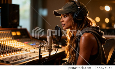Recording session at a studio with a female singer wearing a cap and headphones focused on her performance 133873038