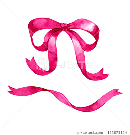 Bright watercolor pink bow with long flowing ribbons and an additional matching strip. Ideal for greeting cards, gift wrapping, festive decor, branding, scrapbooking, and romantic design projects. 133873124