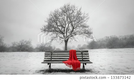 Snow-covered bench in a winter landscape featuring a red blanket draped over it Snow-covered bench in a winter landscape featuring a red blanket draped over it 133873142