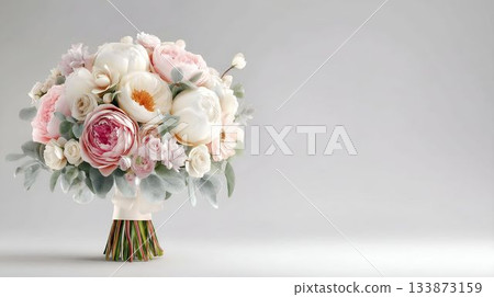 Beautiful floral bouquet with soft pink and white flowers arranged for a special occasion 133873159