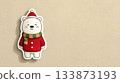 Cute cartoon polar bear wearing a red coat and hat with festive scarf against a plain background 133873193