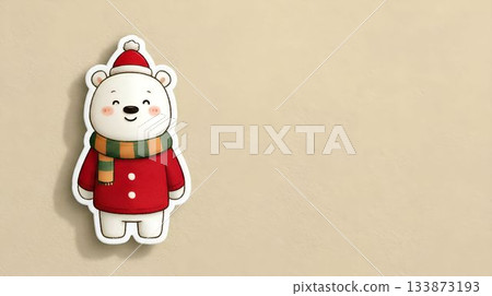 Cute cartoon polar bear wearing a red coat and hat with festive scarf against a plain background 133873193