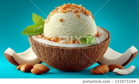 Delicious coconut ice cream served in a coconut shell with almonds and mint leaves on a bright background 133873194