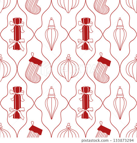 Hand-drawn Christmas seamless pattern with ornaments and gift and stockings in red color 133873294