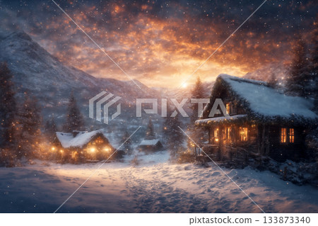 city street, houses are decorated with lights and Christmas trees in winter, New Year holiday, everything is covered with snow, cloudy sky at sunset, blizzard 133873340