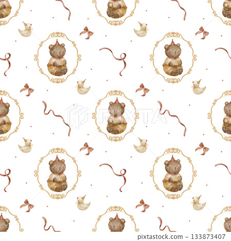 Pattern teddy bear in vintage frame with red bows ribbons. Hand-drawn watercolor illustration in children's style. Print isolated from background for design baby textiles clothing wallpaper packaging 133873407