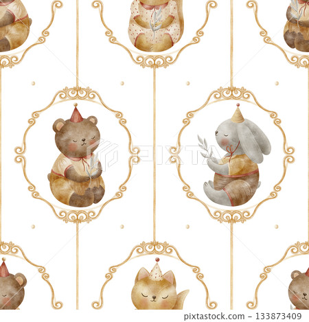 Pattern vintage animal frame, bear rabbit fox with bows ribbons. Watercolor illustration children's style. Print isolated from background, suitable for baby textiles clothing wallpaper packaging 133873409