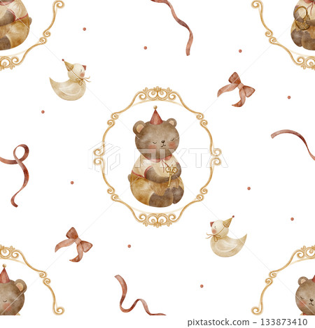 Pattern teddy bear in vintage frame with red bows ribbons. Hand-drawn watercolor illustration in children's style. Print isolated from background for design baby textiles clothing wallpaper packaging 133873410