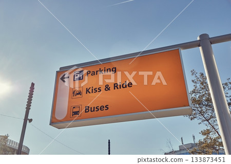 Sign for parking and buses in front of airport Sign for parking and buses in front of airport 133873451