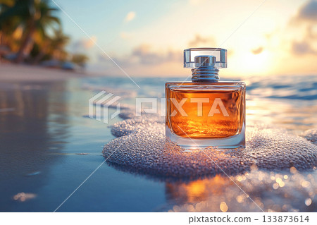 Modern perfume bottle adorned with water droplets and a subtle light reflection on summer beach background. Modern perfume bottle adorned with water droplets and a subtle light reflection on summer beach background. 133873614