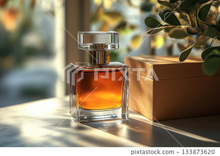 Glass perfume bottle featuring elegant gold detailing. Perfect for high-end perfume marketing. Glass perfume bottle featuring elegant gold detailing. Perfect for high-end perfume marketing. 133873620