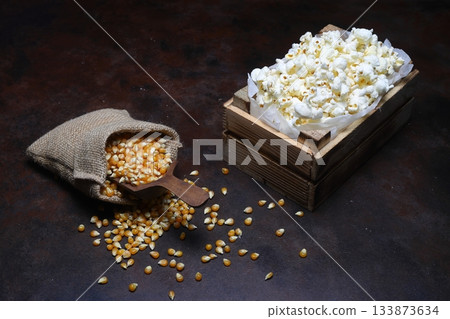 Corn with wooden scoop in burlap bag isolated on dark rustic background. Corn seeds in sack. Dry uncooked corn grains 133873634