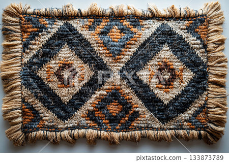 Handwoven rug texture with geometric print on a white background. Top view. 133873789