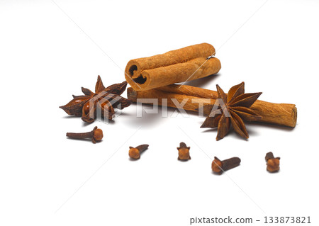 Cinnamon, cloves and star anise. Different spices set on white background. Selective focus. 133873821