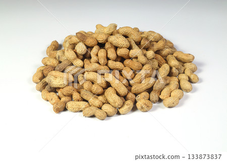 Group of Arachis isolated on a white background. peanut, dried groundnuts, monkey nut on white background Group of Arachis isolated on a white background. peanut, dried groundnuts, monkey nut on white background 133873837