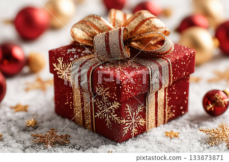 Premium gift box. Classic Red Gift Box with Gold bow on white background. Christmas decor. Premium gift box. Classic Red Gift Box with Gold bow on white background. Christmas decor. 133873871