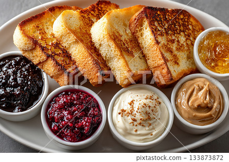 Minimalist breakfast. American buffet breakfast. Hotel Breakfast Styles. Top view of a tray of pieces of toasted bread on a plate and assorted spreads in small bowls on a white background. 133873872
