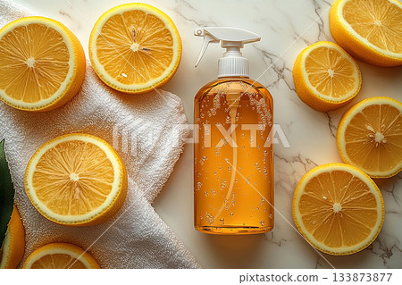 Cleaning luxury blogs. Minimalist flat lay cleaning concept. Single spray bottle, microfiber cloth and lemon on a white marble background. Cleaning luxury blogs. Minimalist flat lay cleaning concept. Single spray bottle, microfiber cloth and lemon on a white marble background. 133873877