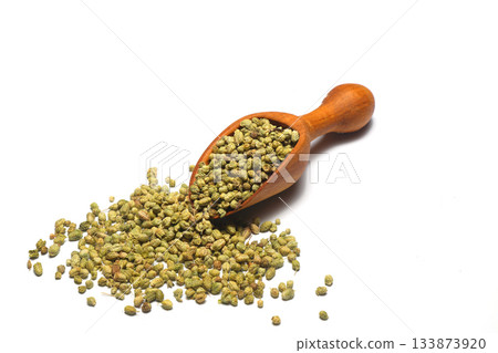 Heap of Dry thyme in wooden spoon isolated on white background. Dried spice concept 133873920