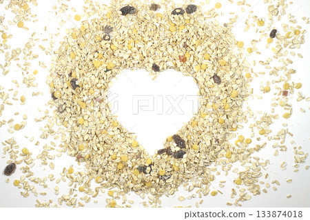 Oatmeal heart isolated on a white background, with place for an inscription. Bunting heart symbol. 133874018