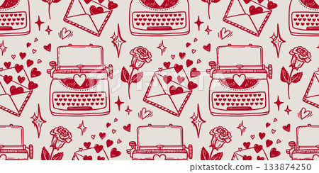 Love letter vector seamless pattern with typewriter and heart in doodle sketch style with hand drawn outline. Red on pink creates romantic look for valentine day design. Nice for cute card background. Love letter vector seamless pattern with typewriter and heart in doodle sketch style with hand drawn outline. Red on pink creates romantic look for valentine day design. Nice for cute card background. 133874250