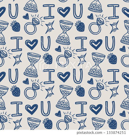 I Love You vector seamless pattern for wedding or engagement in doodle sketch style with hand drawn outline. Blue on beige with romantic mood. Good for valentine day design and cute card background. I Love You vector seamless pattern for wedding or engagement in doodle sketch style with hand drawn outline. Blue on beige with romantic mood. Good for valentine day design and cute card background. 133874251