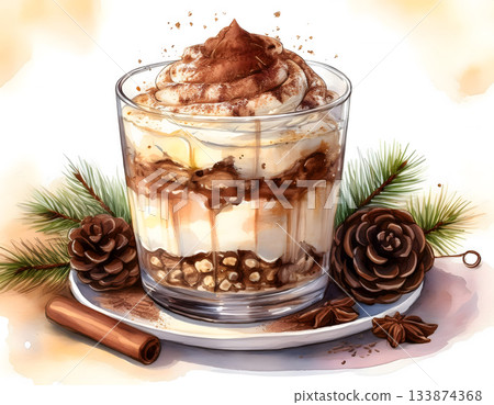 Watercolor illustration of a layered dessert parfait in a glass, garnished with spices and festive greenery 133874368