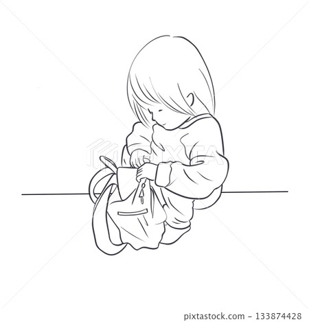Child opening backpack line art Child opening backpack line art 133874428