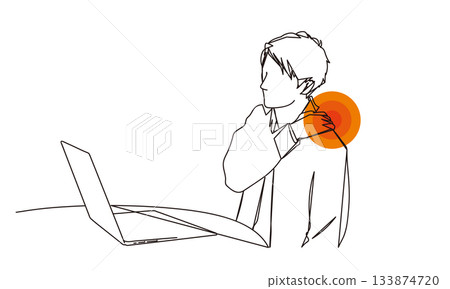 插圖描繪了一名因伏案工作而肩膀僵硬的男子 133874720