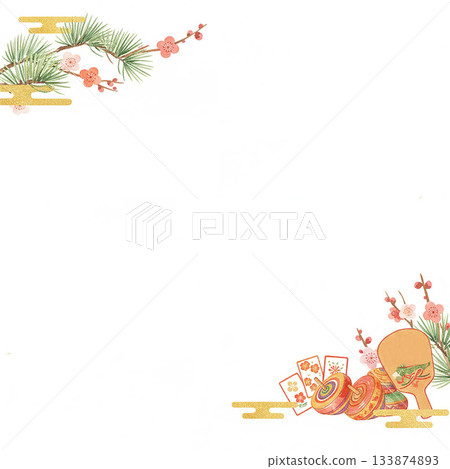 水彩松樹、竹子、梅花和陀螺角框，方形新年賀卡材料 133874893