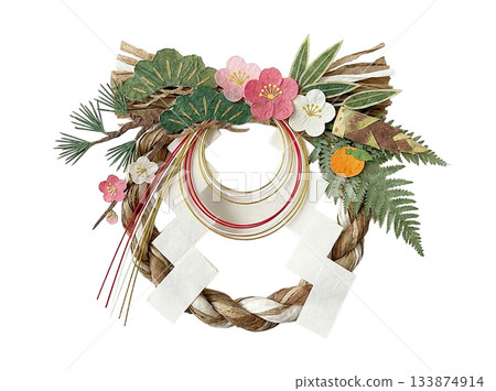 A gorgeous shimenawa decoration with plum blossoms, pine trees, and mizuhiki strings made from washi paper (paper-cutting style material) 133874914