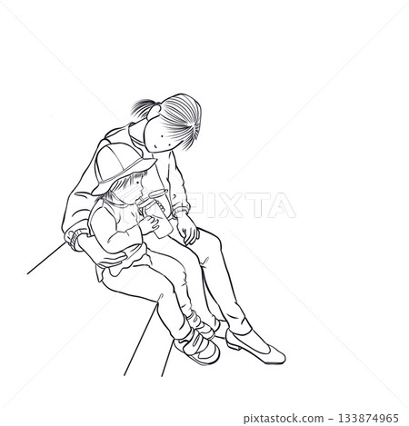 Parent and child taking a break line art Parent and child taking a break line art 133874965