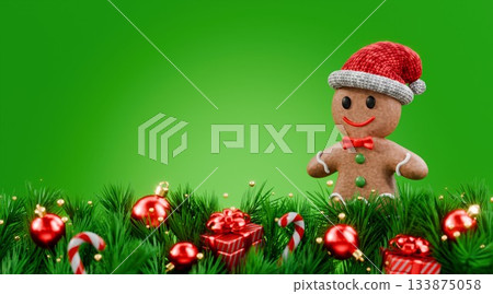 Christmas background frame decorated with Christmas tree and red balls Gingerbread man 3D 133875058