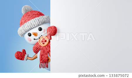 Snowman hiding behind white copy space web banner and waving hand 3D Snowman hiding behind white copy space web banner and waving hand 3D 133875072