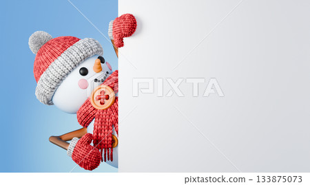 Snowman holding white copy space web banner looking at board 3D Snowman holding white copy space web banner looking at board 3D 133875073