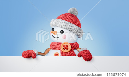 Snowman holding white copy space web banner Looking right 3D 133875074