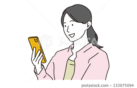 Illustration material of a woman smiling and looking at her smartphone screen 133875094