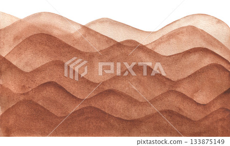 Watercolor layered brown wavy paper cut desert sand border background. Abstract hand painting dark earth color watercolour mountains for nature banner, poster design Watercolor layered brown wavy paper cut desert sand border background. Abstract hand painting dark earth color watercolour mountains for nature banner, poster design 133875149