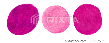 Artistic hand drawn magenta pink crayon oil pastel textured round blobs set. Abstract creative watercolor brush stroke circle shapes for banner design, texture frame background, sticker Artistic hand drawn magenta pink crayon oil pastel textured round blobs set. Abstract creative watercolor brush stroke circle shapes for banner design, texture frame background, sticker 133875150