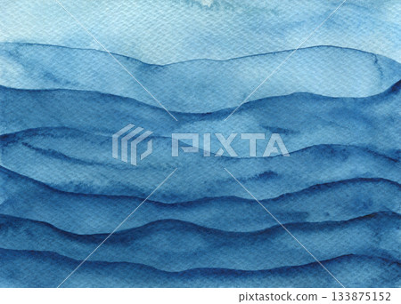 Watercolour layered blue wavy paper cut water border background. Hand painting aquamarine watercolor overlay ocean waves frame for marine banner, invitation, nature poster design Watercolour layered blue wavy paper cut water border background. Hand painting aquamarine watercolor overlay ocean waves frame for marine banner, invitation, nature poster design 133875152