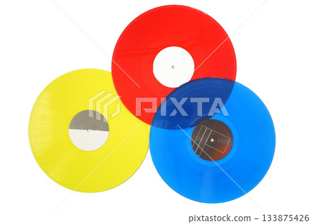 colorful Vinyl record on a white background. Retro style. Top view. Flat lay, copy space. 133875426
